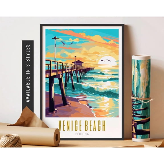 Venice Beach Florida Art Poster Travel City Art Venice Fl Poster Art Poster Colorful City Travel Poster Gift Art Wall Decor Home Decor, 8x12 UNFRAMED