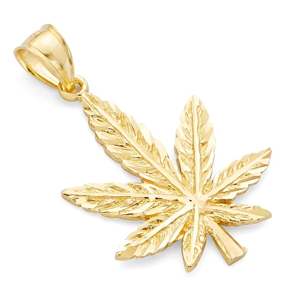 Wellingsale 14K Yellow Gold Polished Diamond Cut Ornate Marijuana Leaf Pendant