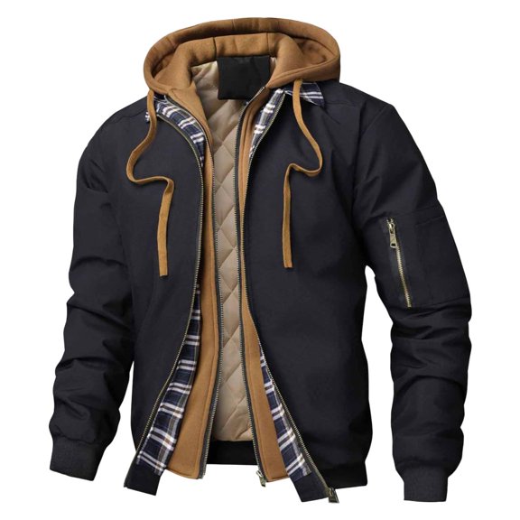 Men's Fleece Winter Jackets Zip Up Splicing Plaid Tactical Work Coat Casual Quilted Lined Cotton Fake Two-Piece Jacket
