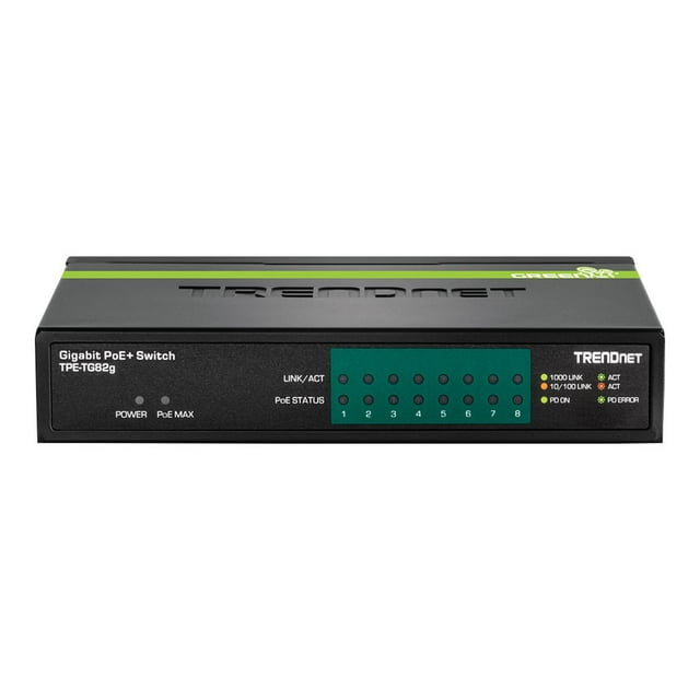 TRENDnet Commutateur PoE+ Gigabit 8 Ports GREENnet, TPE-TG82G, Prend en Charge les Appareils PoE et PoE+, Budget PoE 61W, Capacité de Commutation 16Gbps, Données et Alimentation via Points d'Accès Ethernet vers PoE et Caméras IP