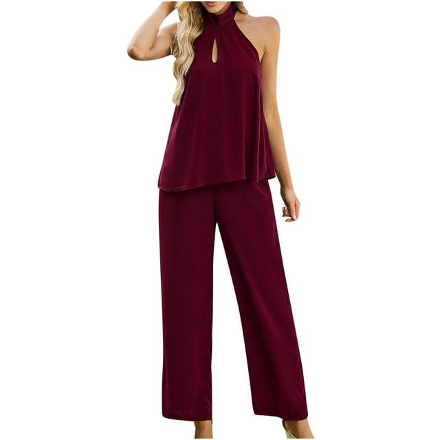 Yuyuzo Ensembles d'Été pour Femmes Ensemble 2 Pcs Col Halter Sans Manches Découpe devant Pantalon Large Ensembles Assortis