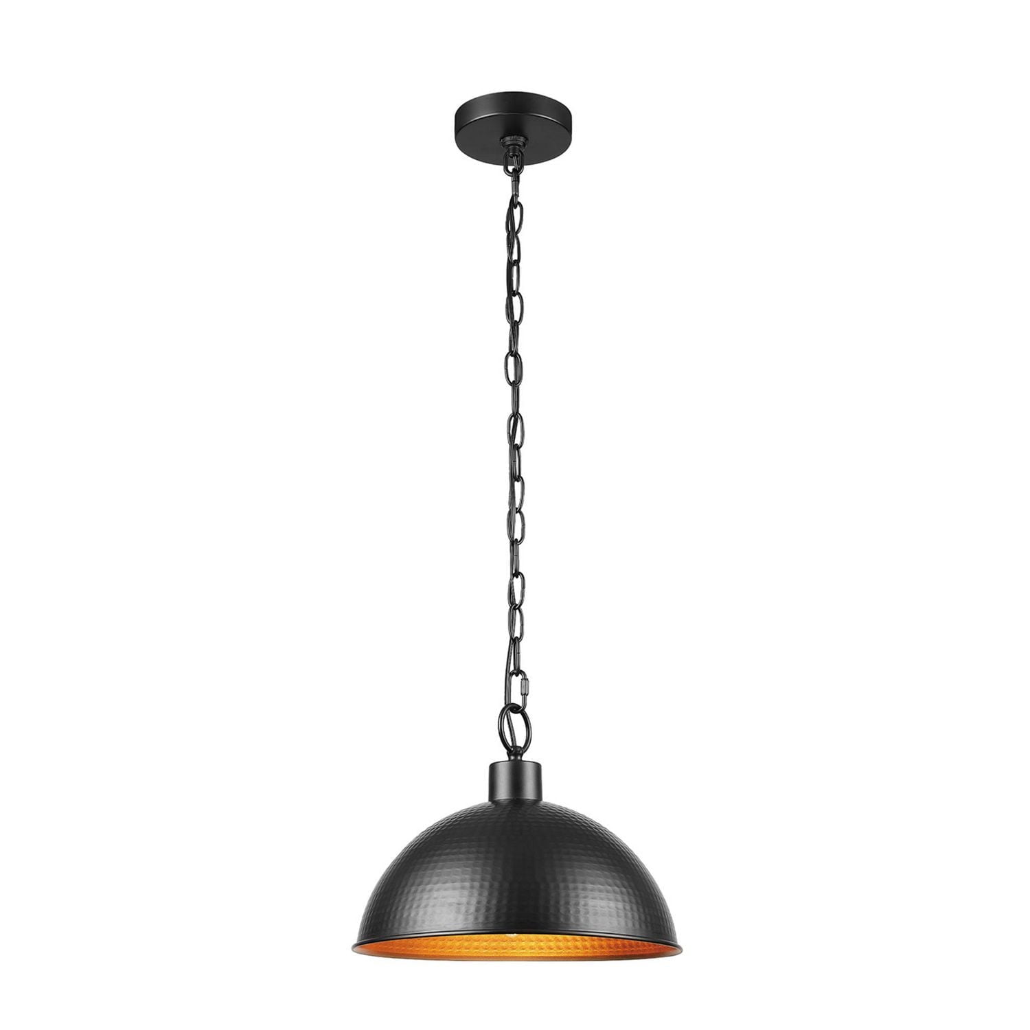 1-Light Weathered Black Pendant Light with Hammered Metal Gold Interior Shade