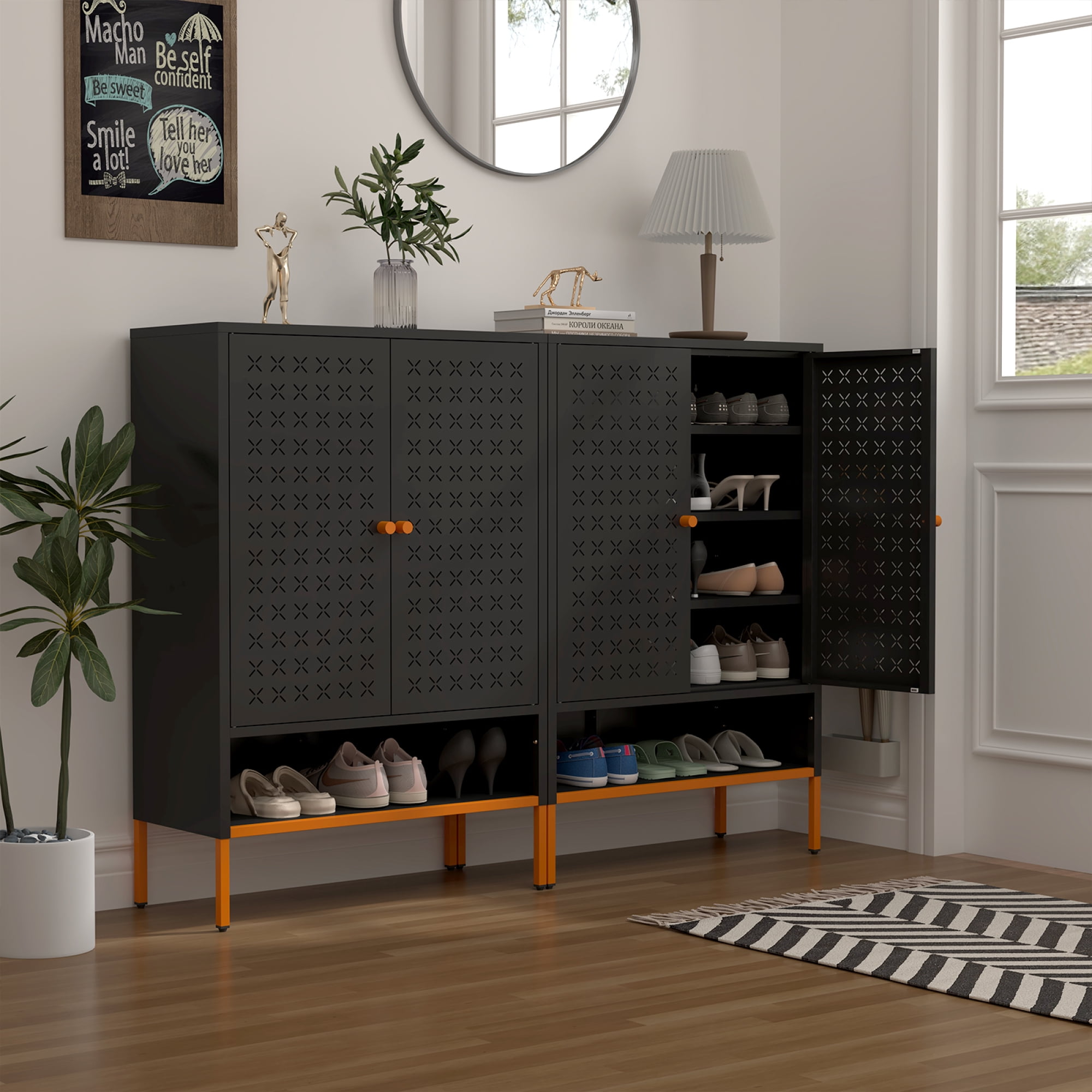 Grid Double Door Shoe Cabinet, 3 Layer Adjustable Compartments for Flexible Storage, Hollow Shoe 15cm Moisture-proof high Foot Design