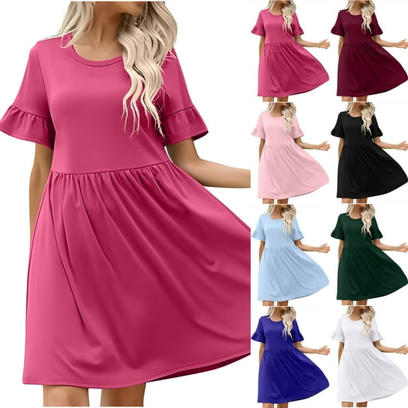 ZZwxWA Work Dresses for Women Casual Ruffle Short Sleeve Round Neck Midi Dresses Loose Fit Swing Pleated Going Out Dresses