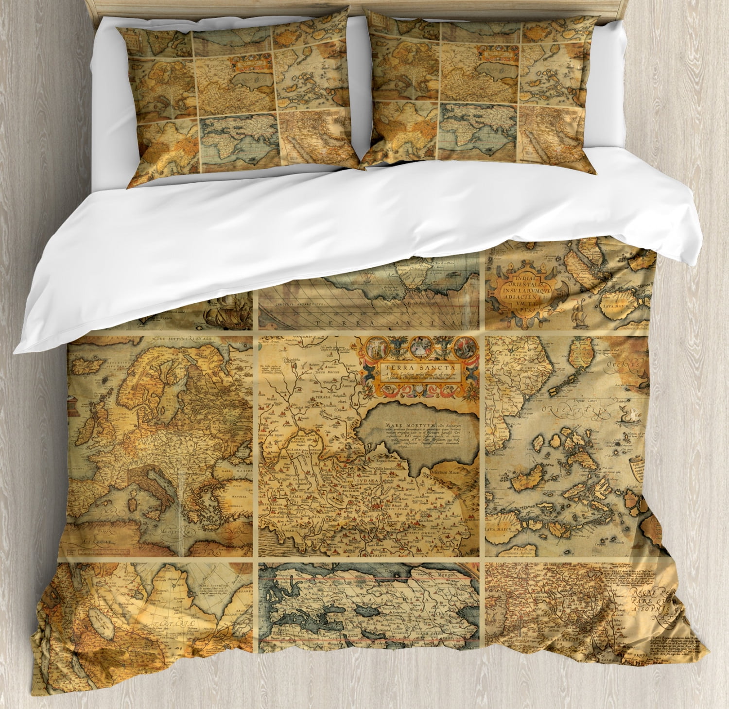 World Map Duvet Cover Set, Collage Antique Old Atlas Maps Vintage Group