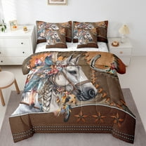 jejeloiu Rautic Farmhouse Horse 7pcs Bedding Comforter Set,Boho Bohemian Style Queen Bedding Sets,Brown Stars Queen Sheet Sets For Boys Kids,Breathable Home Decor