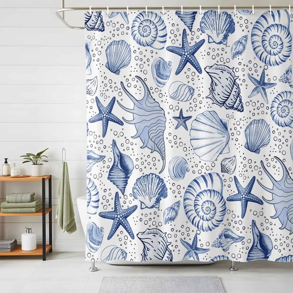 Shower Curtains for Bathroom, Navy Blue Coastal Waterproof Fabric Shower Curtain, Nautical Ocean Shell Starfish Sea Decorative Bathroom Curtain for Bathtub, 72"x84", No Hooks Included