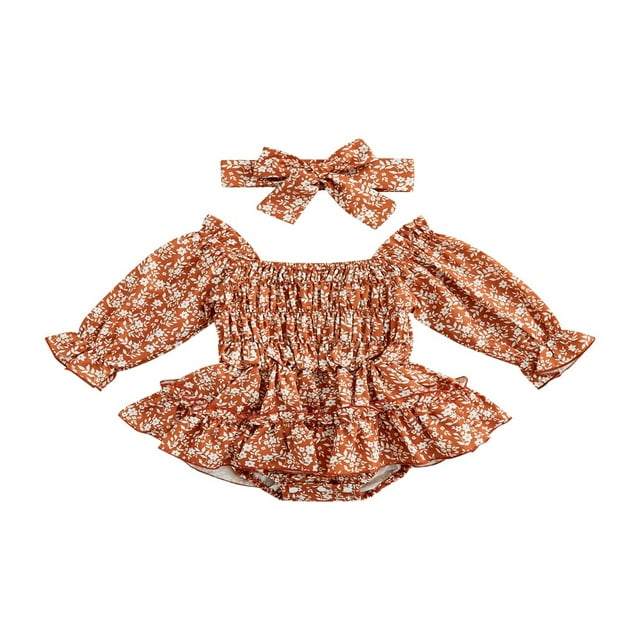 Infant Baby Girls Autumn Romper Long Sleeve Off Shoulder Floral Print Tutu Romper with Headband