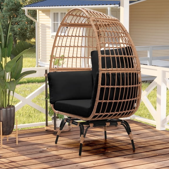 Skandiquip 360-Degree Swivel Oversized Egg Chair, Rattan Wicker Patio Chair with Soft Washable Black Plush Cushion, Multipurpose Indoor Outdoor Relaxation Chair, Natural Rattan, Black Cushion