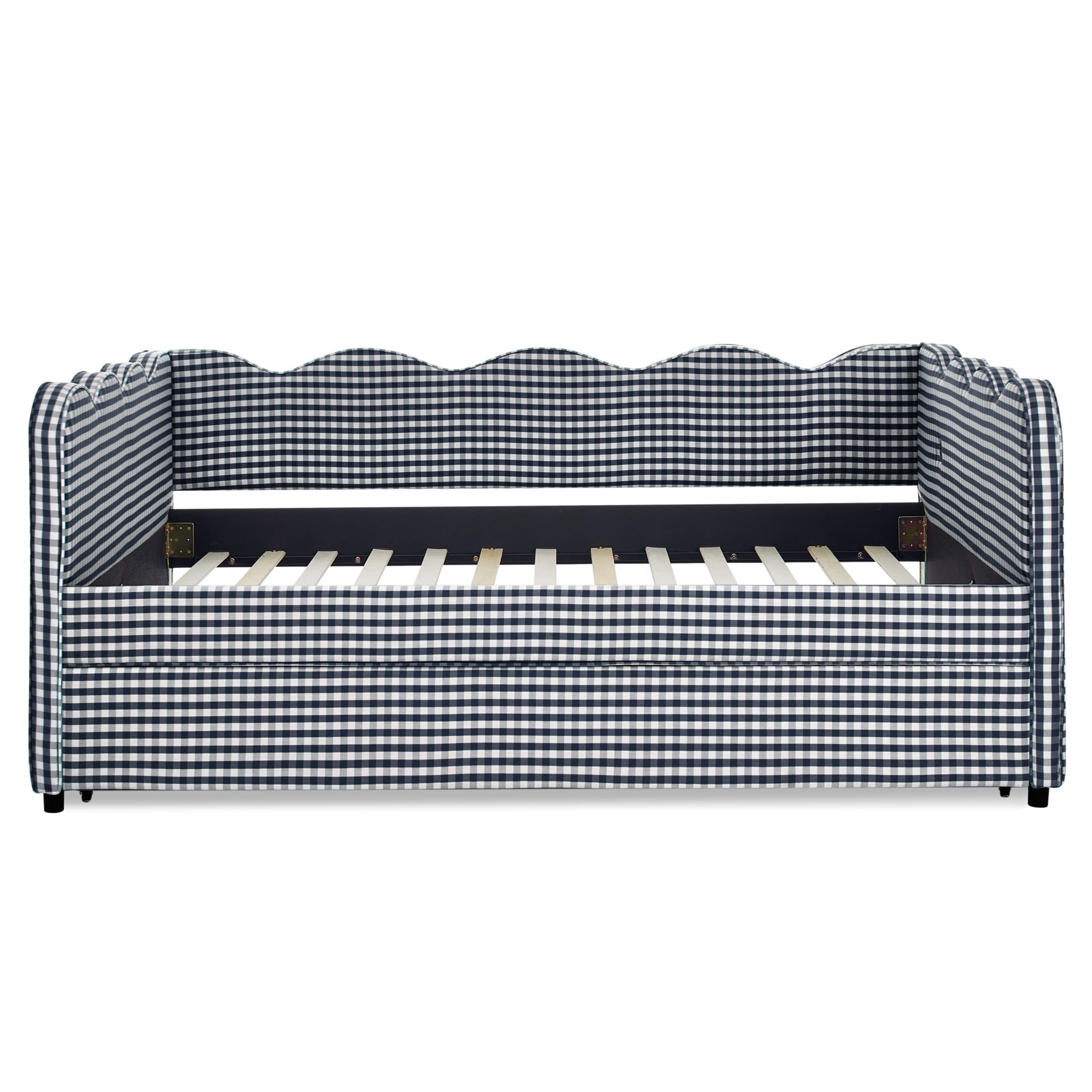 Noble House Wesley Full Size Waved Daybed, Cozy Gingham Linen Sofa Bed with Twin Trundle and Charging Port, Navy Blue