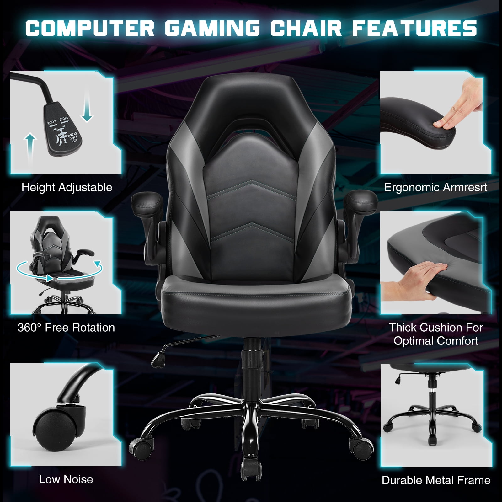 Mayoume Computer Gaming Chair - Ergonomic PU Leather Desk Chair with Comfy Lumbar Support, Height Adjustable 360° Rolling with Flip-up Armrest, for Home and Office, Adults