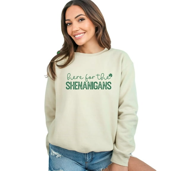 St. Patrick's Day Sweatshirt Here for the Shenanigans Graphic Top, Unisex Clover Pullover, Green Irish Festival Attire, Casual Wear