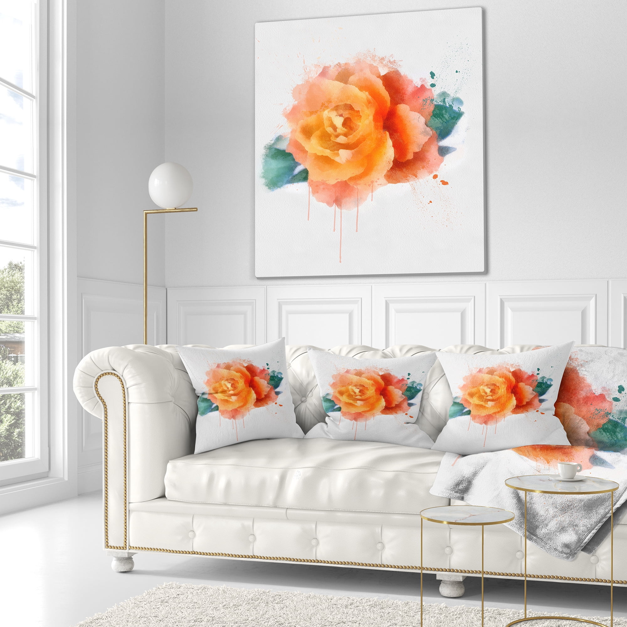 Designart Orange Rose with Green Leaves - Floral Throw Pillow - 16x16