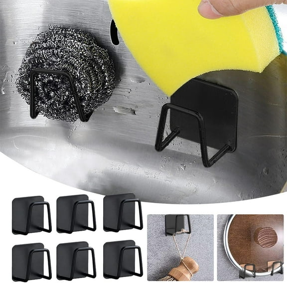 Stainless Steel Sponge Holder Rack | Self-Adhesive Kitchen Sink Organizer | Rust-Resistant Draining Rack for Sponges, Brushes | Space-Saving Bathroom Storage | 6-Pack | 5x5x3.5cm | Black Silver