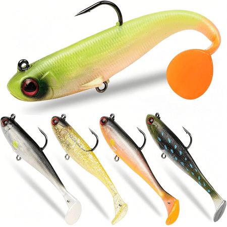 BESTSKY 5 Pcs Pre-Rigged Soft Fishing Lures,3.5In Paddle Tail Jig Heads Swim Bait,Realistic Movement Easy Catch Fishing jigs Lure,Fishing Baits for Freshwater Saltwater Bass Trout