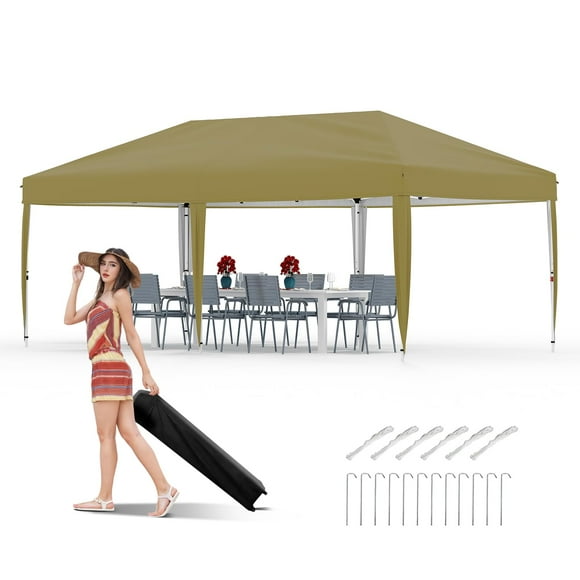 10x20 Pop Up Canopy Tent,Gazebos One-Button Instant Setup, Heavy-Duty 210D Oxford Fabric & Rust-Proof Frame - 3 Adjustable Heights, Roller Bag, 6 Sandbags - UV Protection for Beach, Party