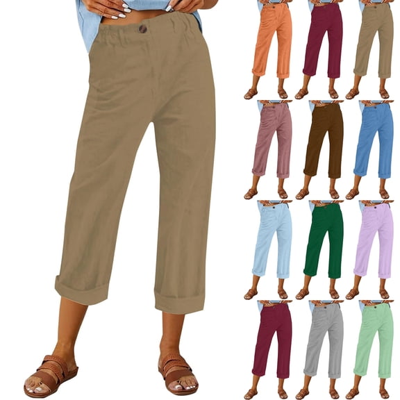 Linen Pants Women Elastic Waist Cropped Button Summer Lounge Pants Straight Leg Ankle Length Cotton Linen Slacks Camel M