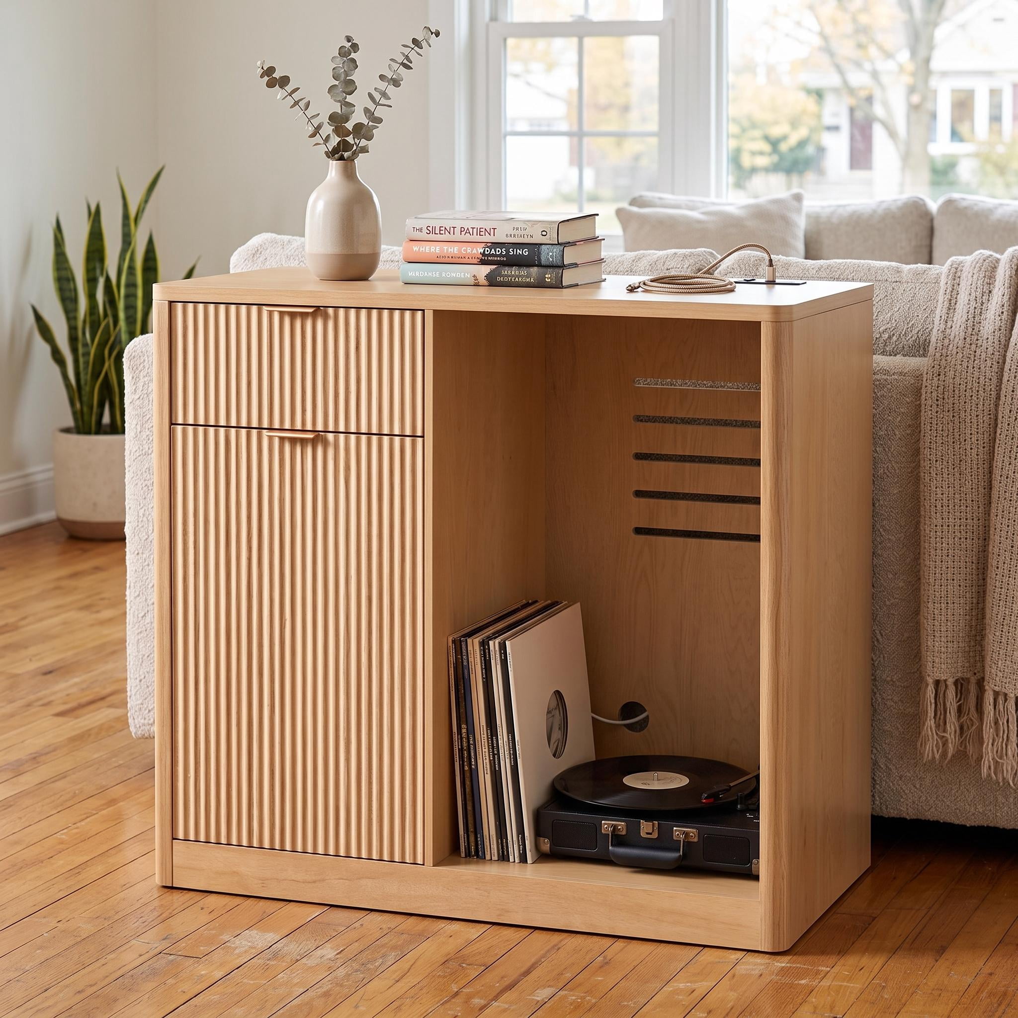 Homy Casa 39.4" Fluted Kitchen Island Cabinet with Power Outlet, Mini Fridge Space, Natural Oak