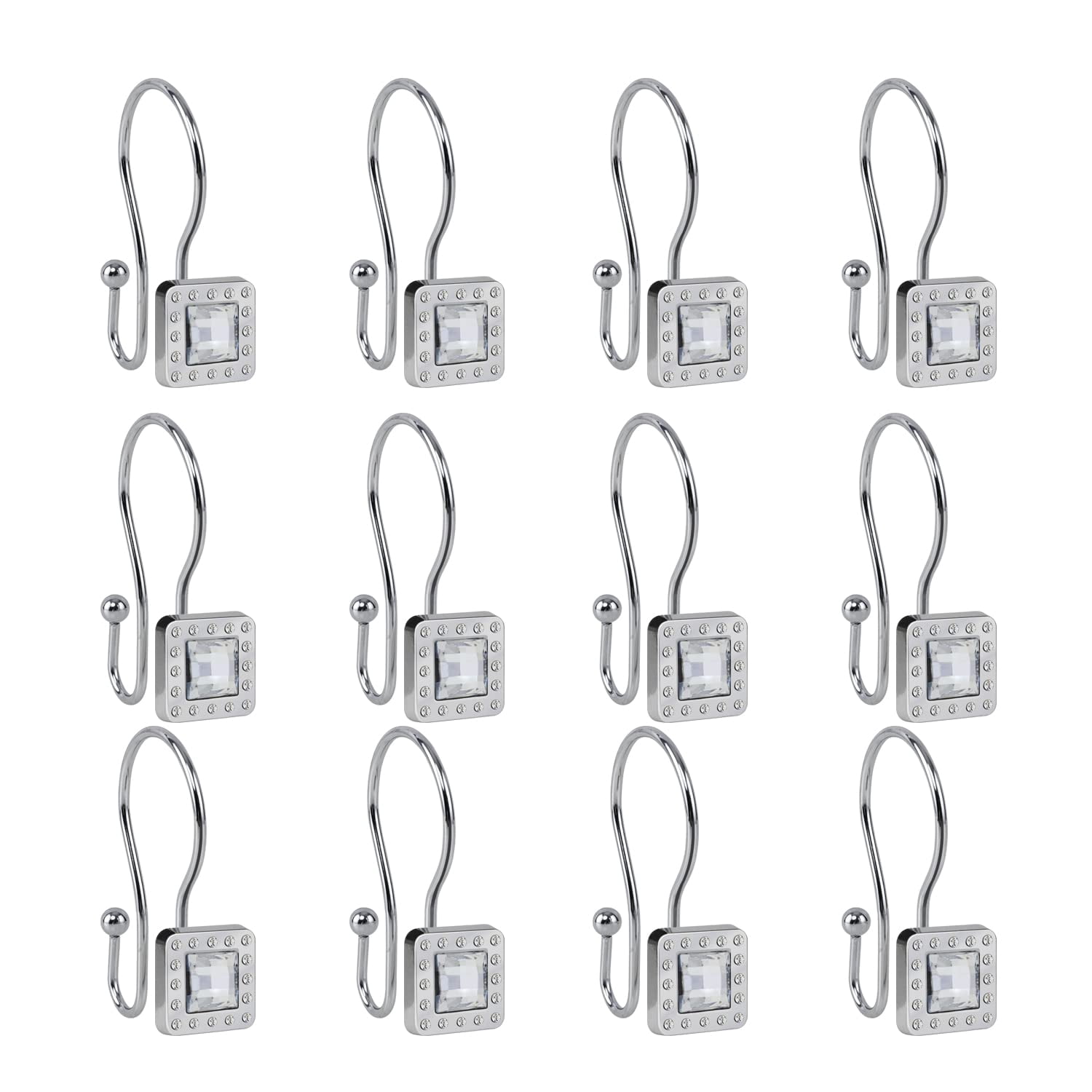Utopia Alley Shower Hooks - Double Shower Curtain Rings for Bathroom - Rust Resistant Shower Curtain Hooks for Shower Curtain - Shower Curtain Rings with Crystal Design - Set of 12, Polished Chrome