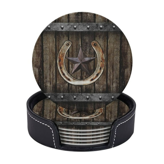 Western Farmhosue Horseshoe Texas Star Leather Coasters With Leather Holder Set Of 6 Round Coasters for Home and Kitchen Decor