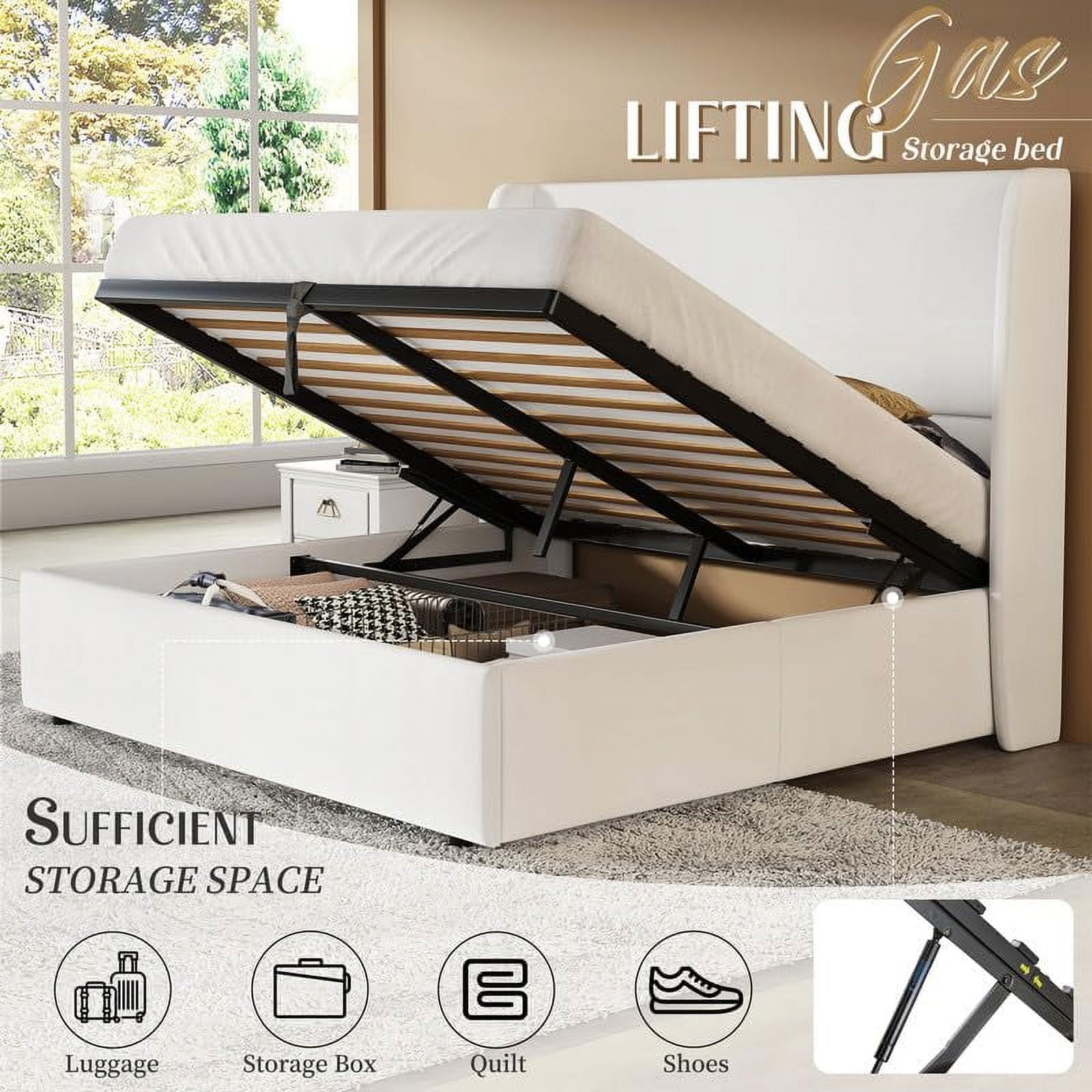 VanAcc King Size Lift Up Storage Bed, Upholstered Platform Bed Frame, Modern Wingback Headboard, No Box Spring Needed, White