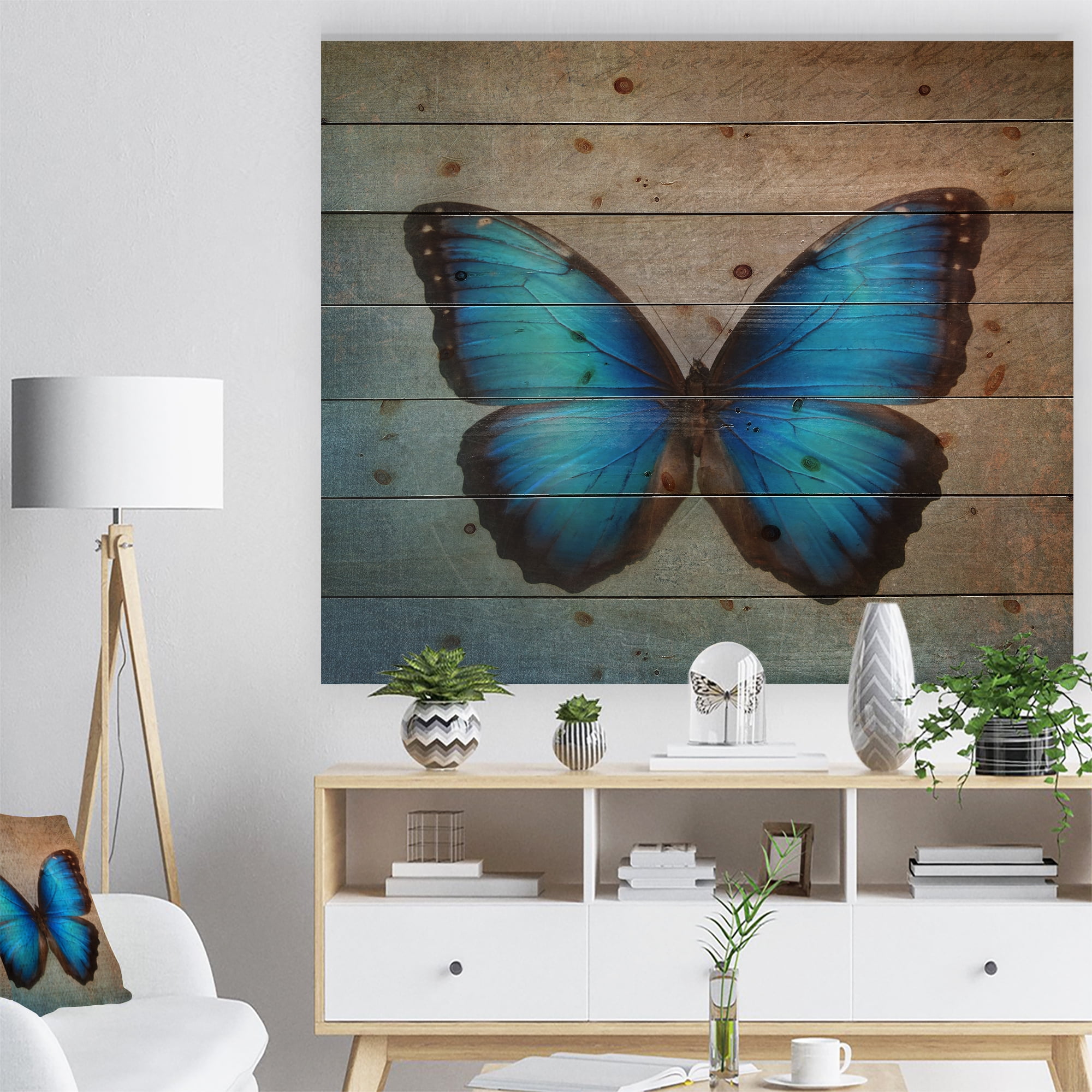 Designart 'Blue Vintage Butterfly' Floral Art Print on Natural Pine Wood