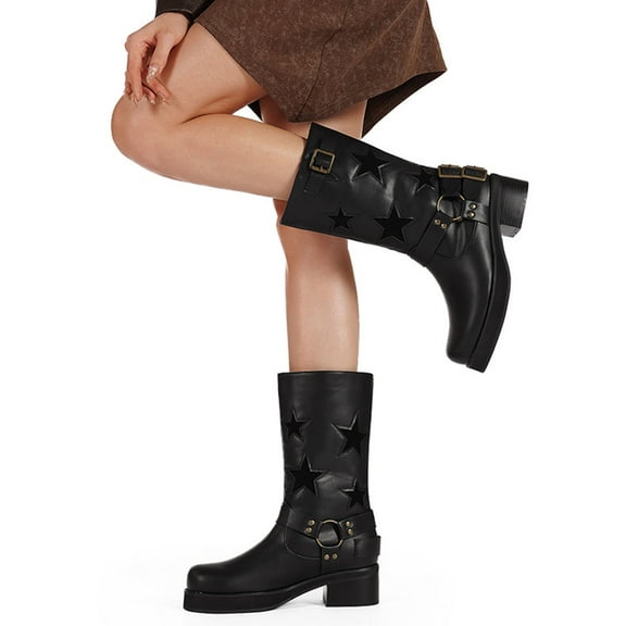 Mostsola Women's Mid Calf Boots Square Toe Fashion Buckle Strap Star Hollow out Riding Boots