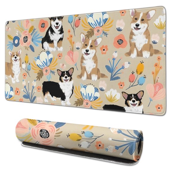Long Mouse Pads for Desk,Corgi Dog and Flower Florals Desk Mats on Top Of Desks, Desk Mouse Pad Extra Large with 3mm Non-Slip Base and Stitched Edge for Gaming,Office,Work,Home 31.5"x15.7"