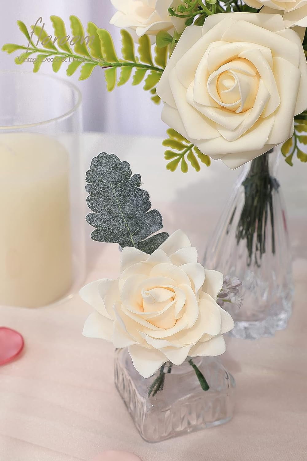 Artificial Gardenia Flowers 2.7" 25pcs Real Looking Ivory Foam Fake Flowers with Stems for DIY Wedding Bouquets Bridal Shower Centerpieces Floral Arrangements Party Tables Home Decorations