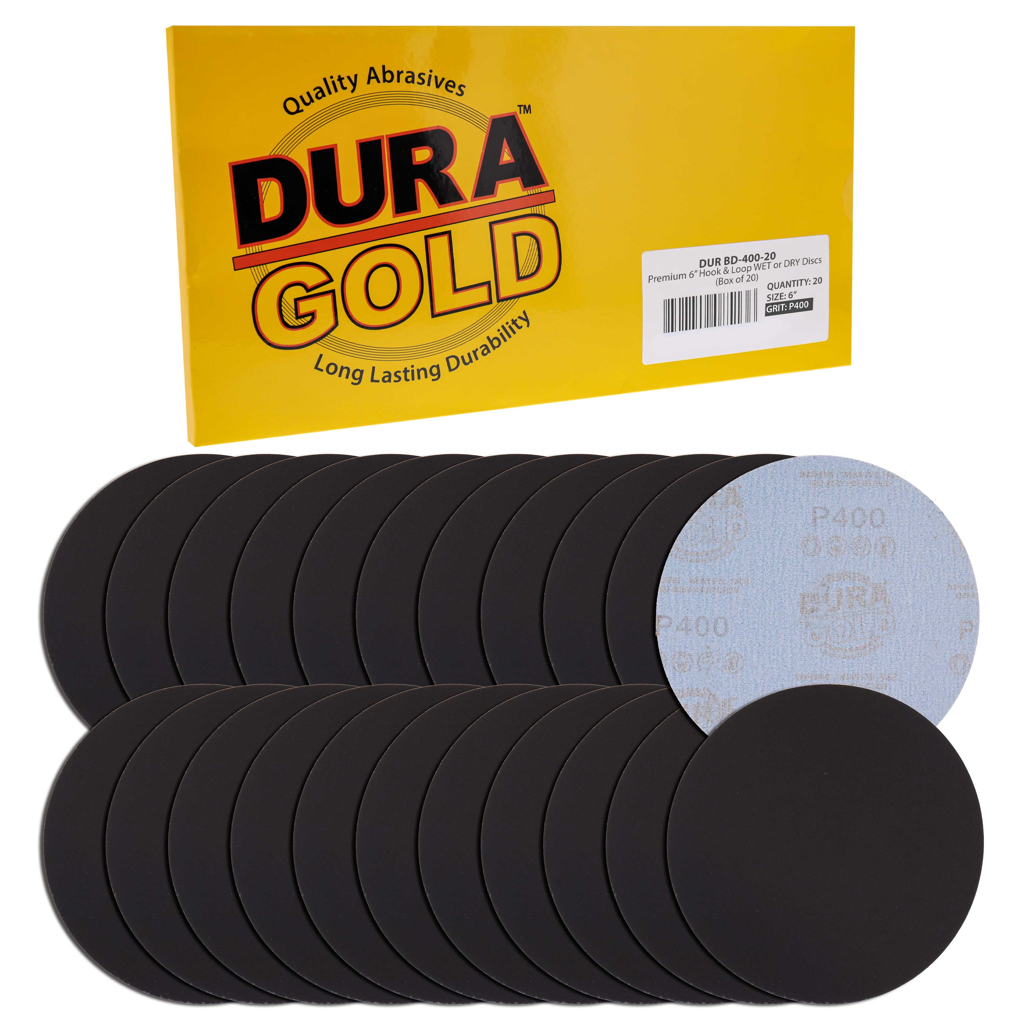 400 Grit Box of 20 Dura-Gold 6" Wet or Dry Sanding Discs - Hook & Loop Back 
