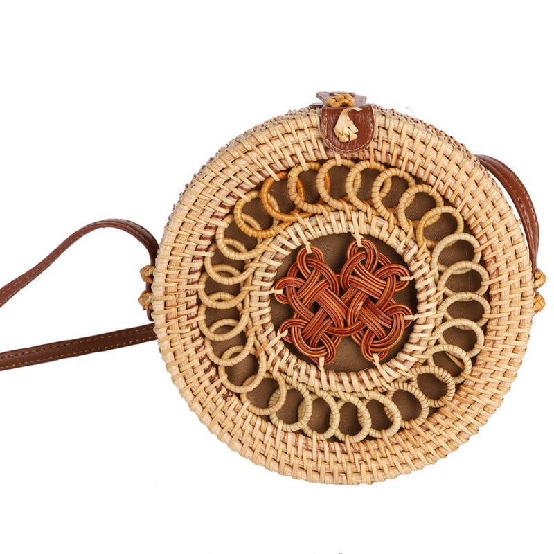 Handwoven Round Rattan Bag crossbody bags with Leather Straps Handmade