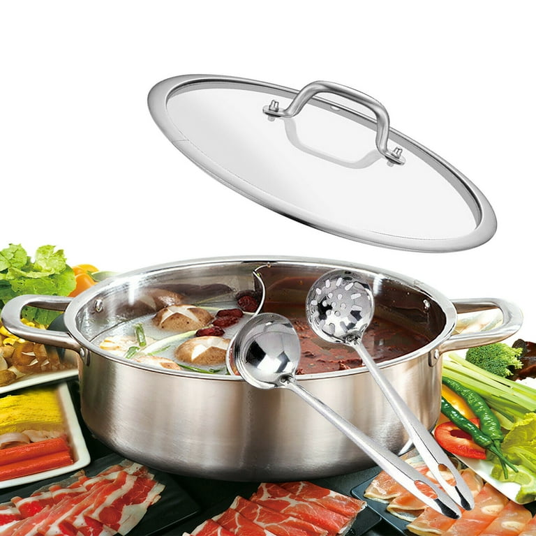 12 Inch Shabu Shabu Hot Pot Stainless Steel Pot Dual Site Divider with  Glass Lid