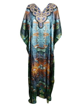 Mogul Women's Teal Blue Jewel Print Maxi Caftan Resort Wear Beach Bikini Cover Up Kimono Kaftan Dress 3X