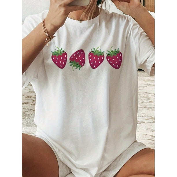 Camiseta estampada de fresa suave para mujer: cuello redondo informal, manga corta, lavable a máquina, rosa con estampado de frutos rojos, ideal para todas las estaciones. Camiseta con temática de fr