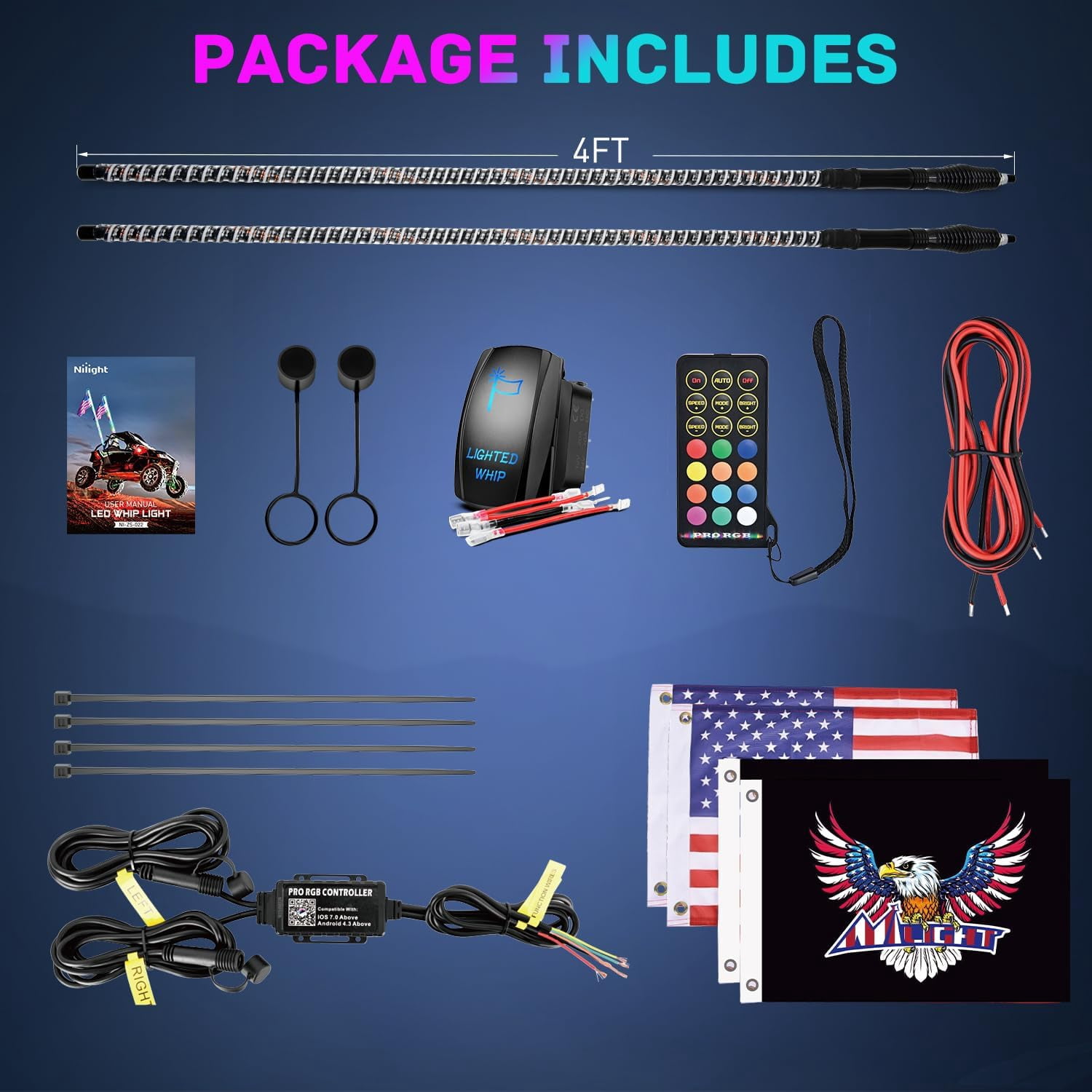 Nilight LED Whip Light 2 PCS 4FT COB RGB Lighted Antenna Whips with Spring Base Remote & App Control DIY Patterns Turn Brake Reverse Lights for Can-am Offroad ATV UTV RZR Polaris Dune Buggy Truck