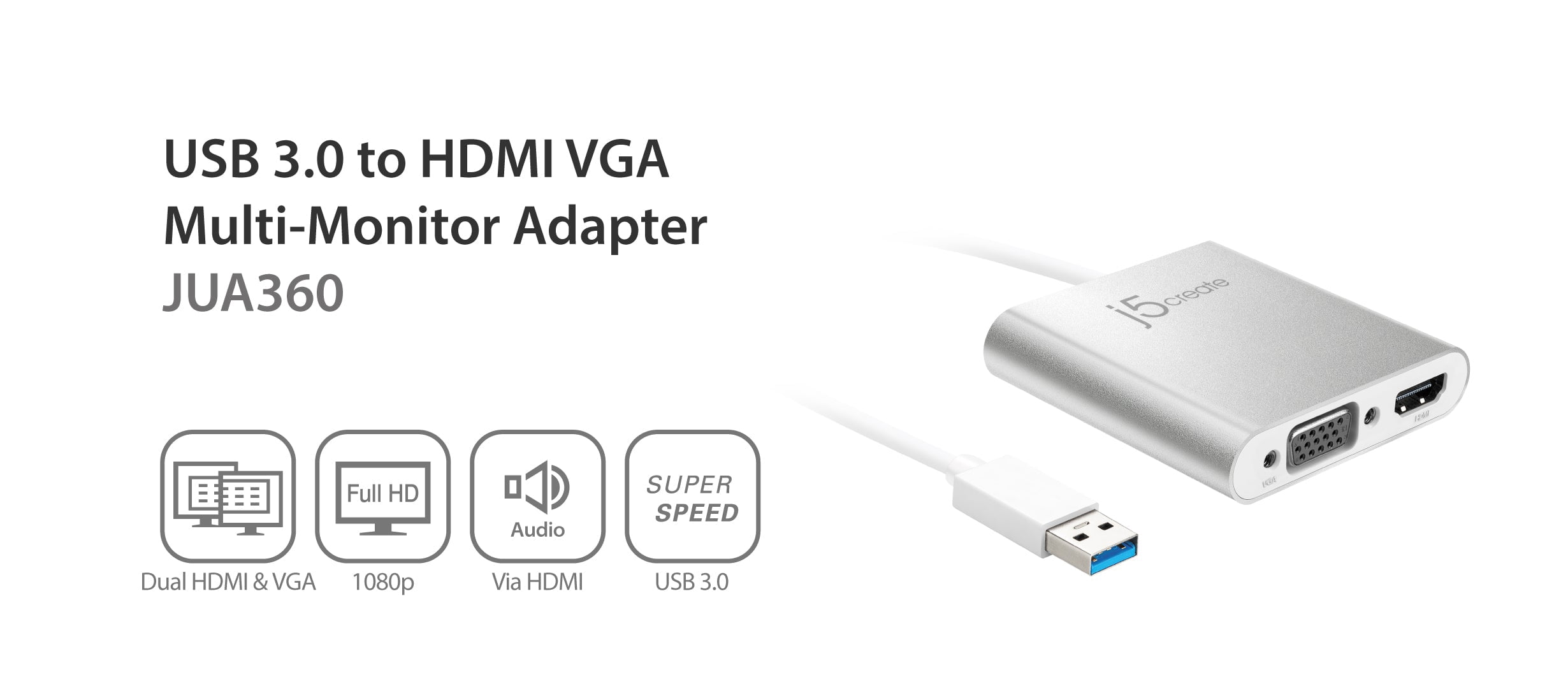 j5create JUA360 USB 3.0 to Dual VGA HDMI Multi Monitor Adapter