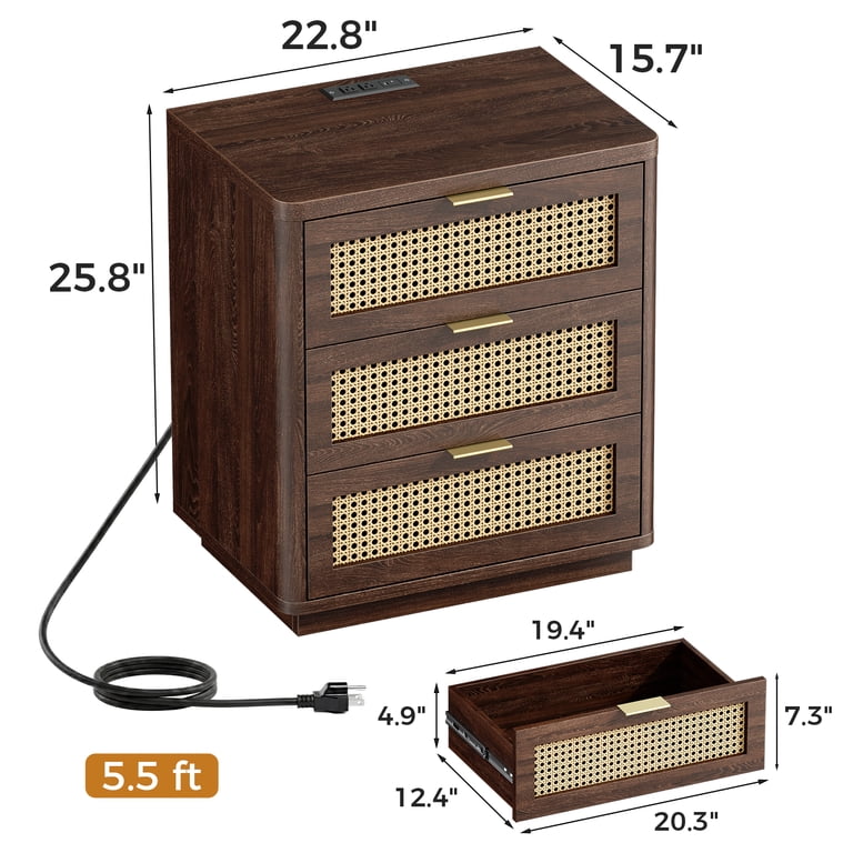Biemlerfn Nightstand with Charging Station, Walnut Rattan photo 2