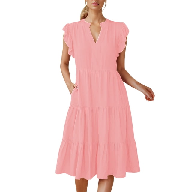 Women's 2024 Summer Ruffle Sleeve V-Neck Midi Dress - Flowy Tiered Boho Polyester Dress for Beach Vacations