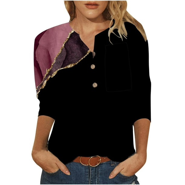 Camisas Para Mujer Moda Casual Manga 3/4 Botón Camiseta Cuello Redondo Estampado Top Blusa Odeerbi ODB125859