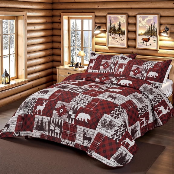3 Piece Cabin King Size Quilt Sets Farmhouse Rustic Reversible Microfiber Soft Lightweight Bedspread Comforter with 2 Shams Patchwork Country  Bedding Quilts Set for All Season, 106''x96'', Red