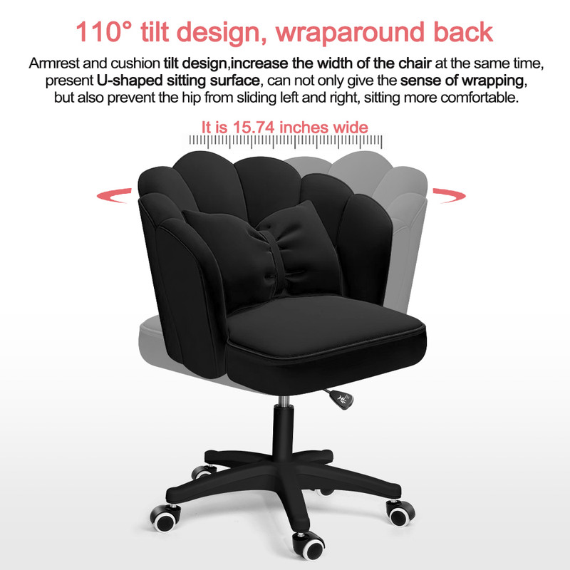 Height Adjustable Office Computer Desk Chairs,Modern Fabric Home Butterfly Chairs,Cute Petal Makeup Chairs for Girls and Women，Black