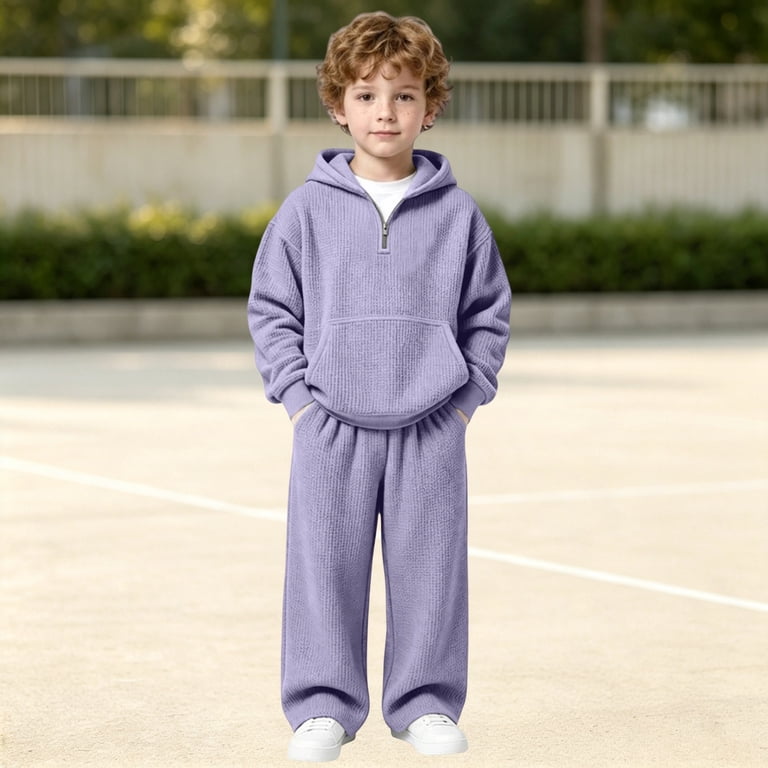 GobdXE Boys 2-Piece Waffle Knit Hoodie & Pants Set, Quarter-Zip