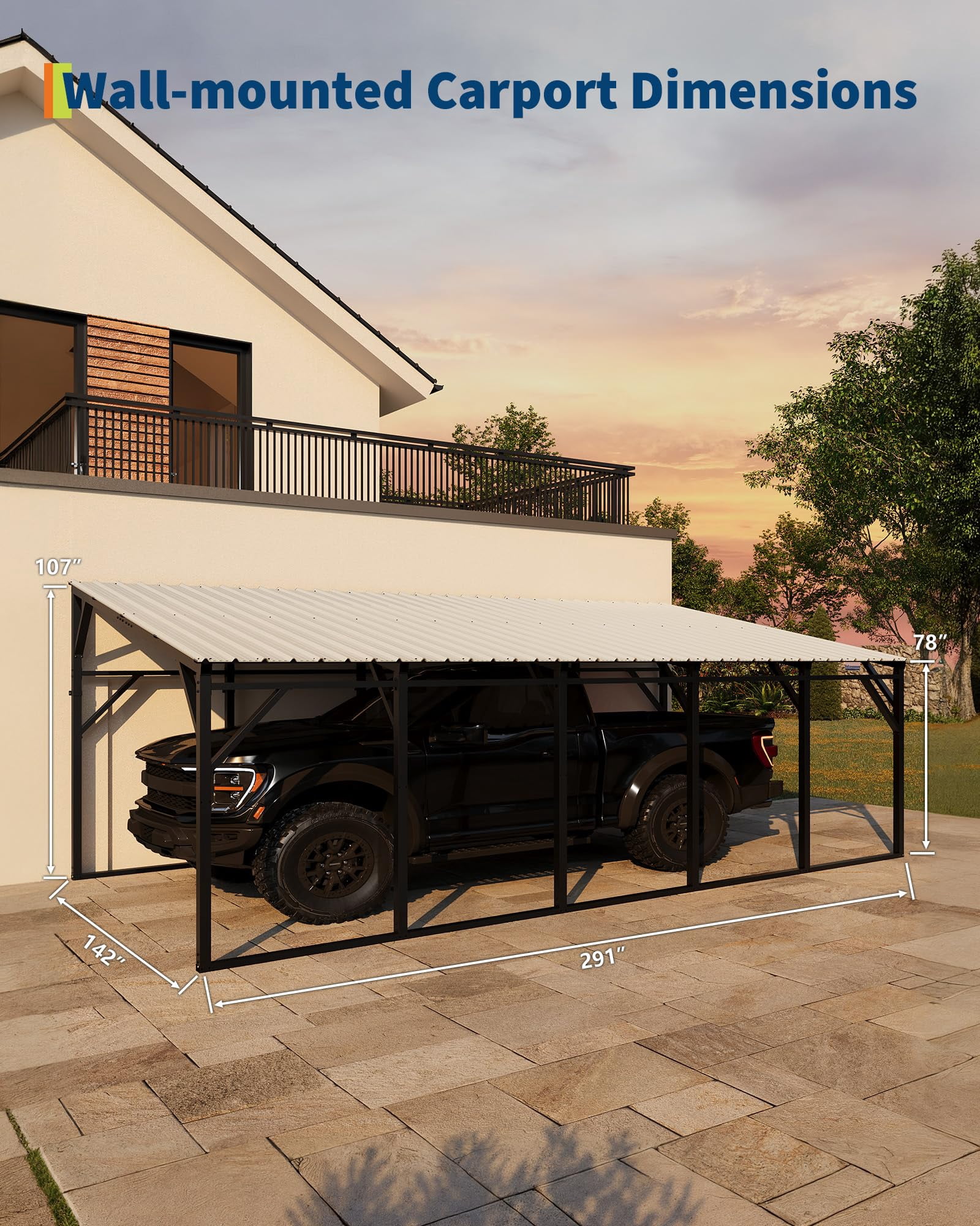 12x25 ft Lean-to Metal Carport, Vertical Roof Wall-Mounted Car Port for Snow Shedding, Heavy-Duty 19-Ga. Steel Frame, 107" to 78" Height for Long-Bed Pickup & SUV