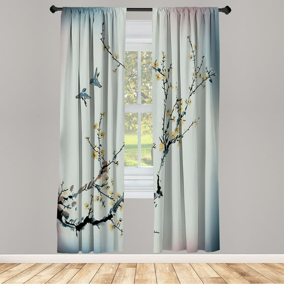 Ambesonne Nature Curtains, Birds Cherry Branches Style, Pair of 28"x84", Blue Grey