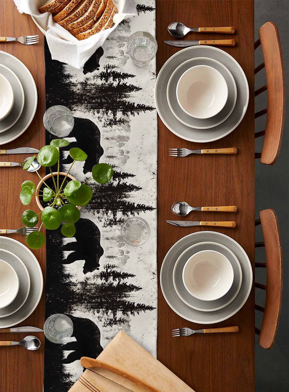 Rustic Bear Table Runner 48 Inches, Vintage Country Wildlife Forest Mountains Bed Runner Dresser Scarves Tabletop for Indoor Outdoor Parties/Ceremony/Banquet, 13" x 48"