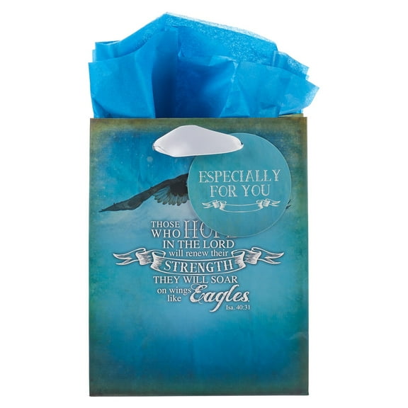 Blue Scripture Gift Bag w/Tissue Paper: On Wings Like Eagles - Isa. 40:31, Small