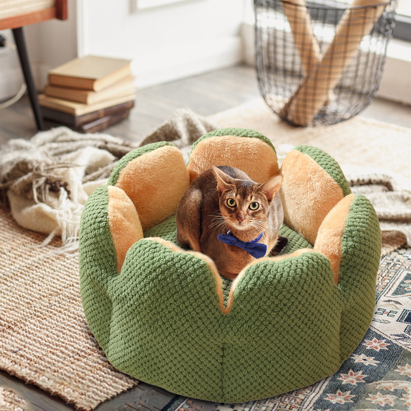 RoamHome Warm Cat Bed Dog Bed for Autumn Winter Pet Soft Sleeping Cushions for Cats Dogs Plush Sleeping Pads for Pets Round Kennel Cushion 16x16 Inches (Green)