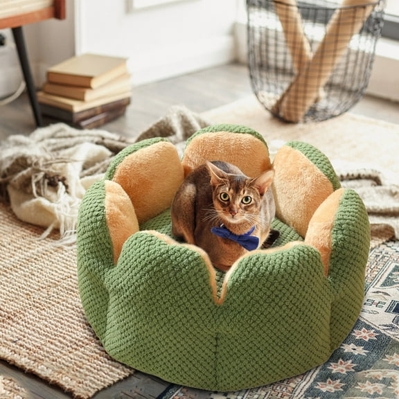 Aooww Calming Dog Bed & Cat Bed, Anti-Anxiety Donut Cuddler Warming Cozy Soft Round Bed, Fluffy Faux Fur Plush Cushion bed for Small Medium Dogs and Cats, Green, L