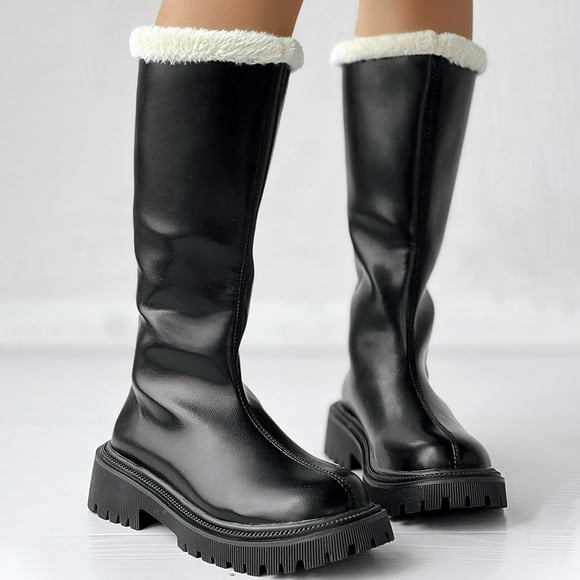 YOUSNH New Round Head Thick Sole High Barrel Boots Winter Warm Women's Long Boots Women Boots Black 7.5