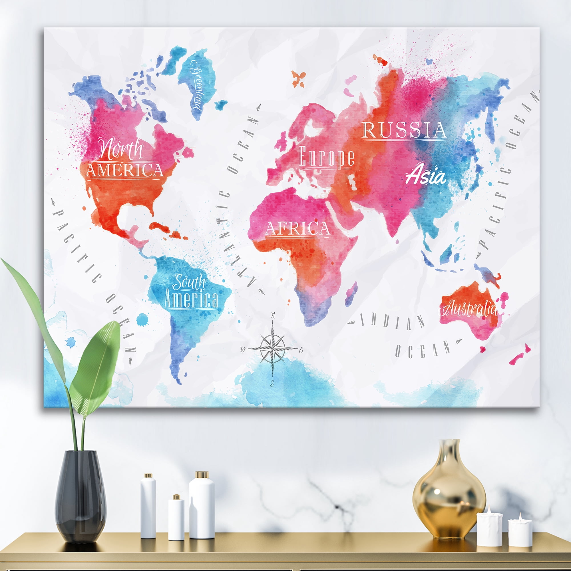 World Map In Blue and Pink 12 in x 8 in Painting Canvas Art Print, by Designart